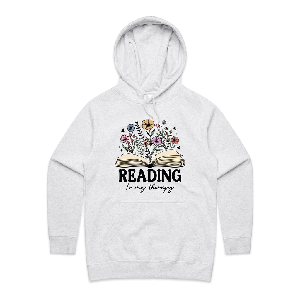 Reading Is My Therapy - Womens Hoodie White Marle Womens Hoodie Printed In Australia Reading