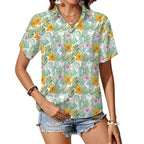 Tropical Flowers And Leaves Women's Short-Sleeve Button Up Shirt white Women's Short-Sleeve Button Up Shirt Plants Printed Offshore
