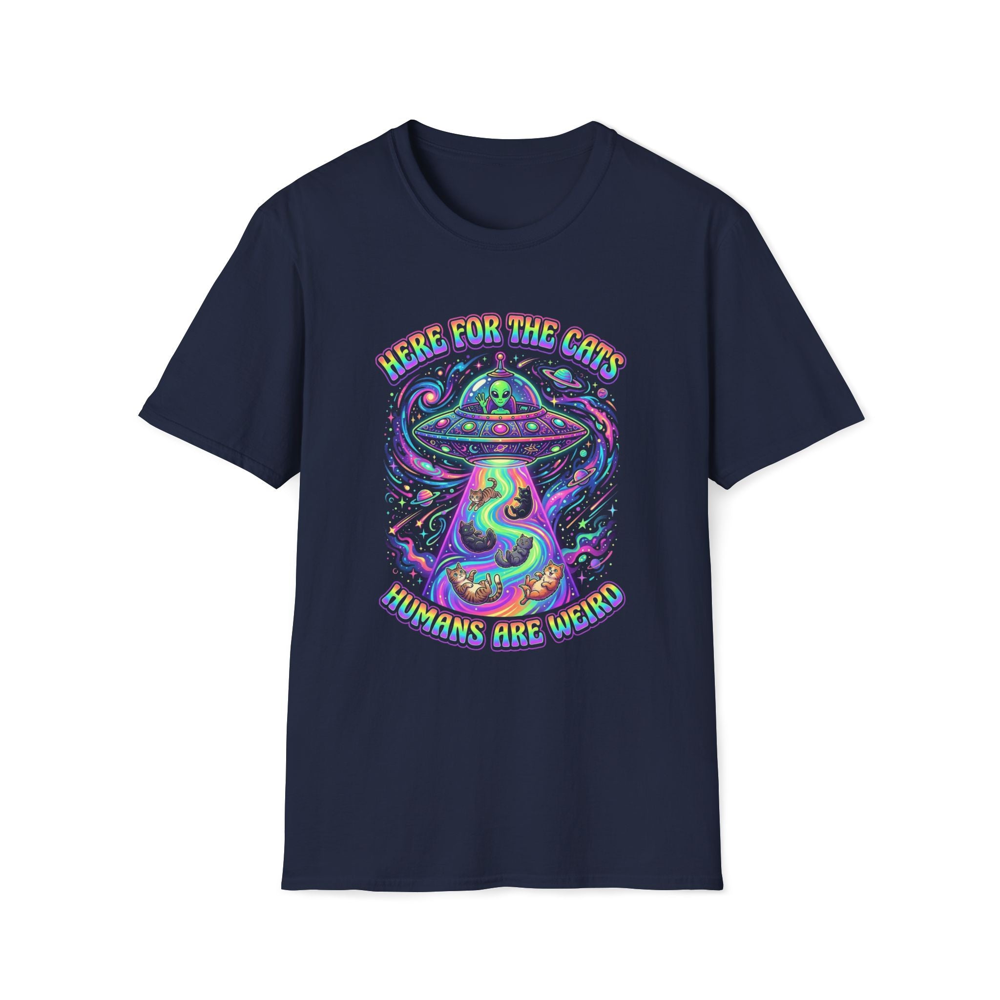Here For The Cats Alien UFO Unisex T-Shirt Navy Unisex Adult T-shirt animal Globally Fulfilled Sci Fi