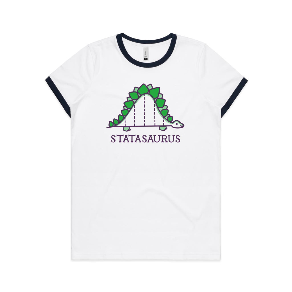 Statasaurus, Maths, Dinosaur - Women's Ringer Tee White Navy Womens Ringer T-shirt animal Maths Printed In Australia