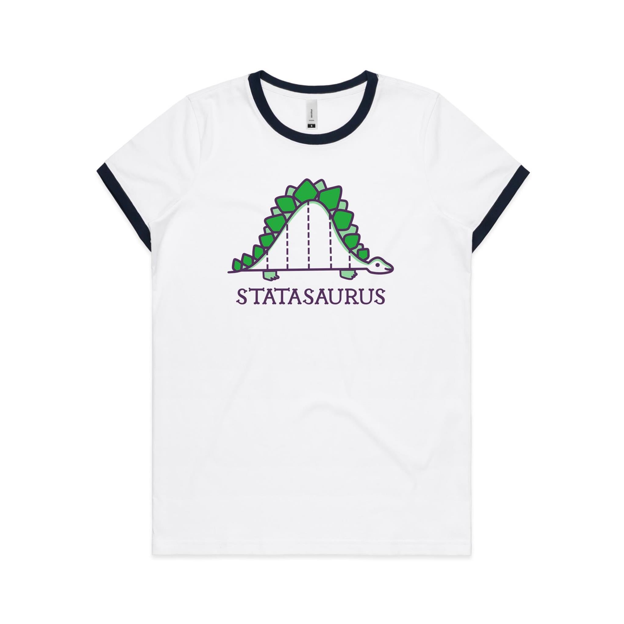 Statasaurus, Maths, Dinosaur - Women's Ringer Tee White Navy Womens Ringer T-shirt animal Maths Printed In Australia