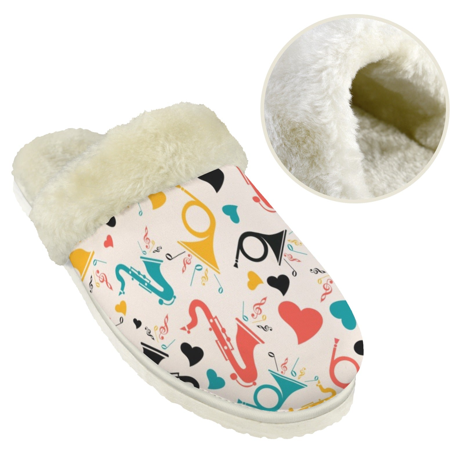 Brass Musical Instruments Women's Fur Trim Thick-Sole Indoor Slippers Women's Fur Trimmed Slippers Music Printed Offshore
