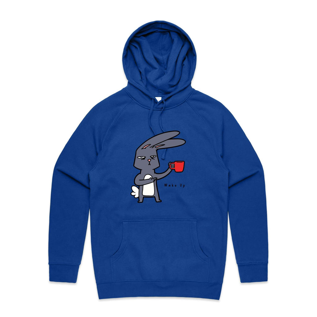 Wake Up, Coffee Rabbit - Mens Hoodie Bright Royal Mens Hoodie animal Coffee Printed In Australia