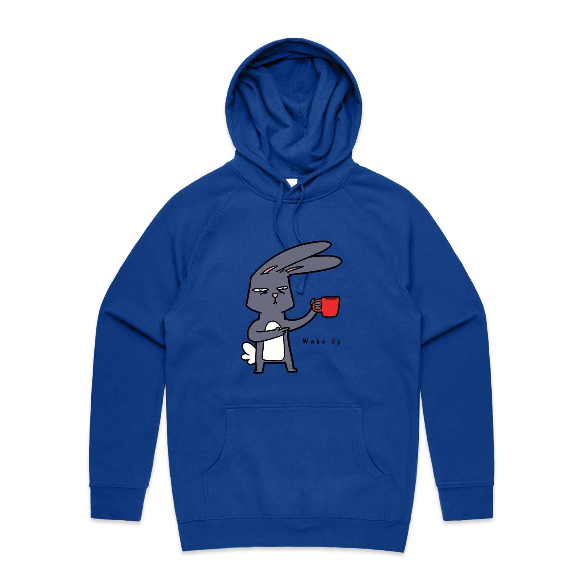 Wake Up, Coffee Rabbit - Mens Hoodie Bright Royal Mens Hoodie animal Coffee Printed In Australia
