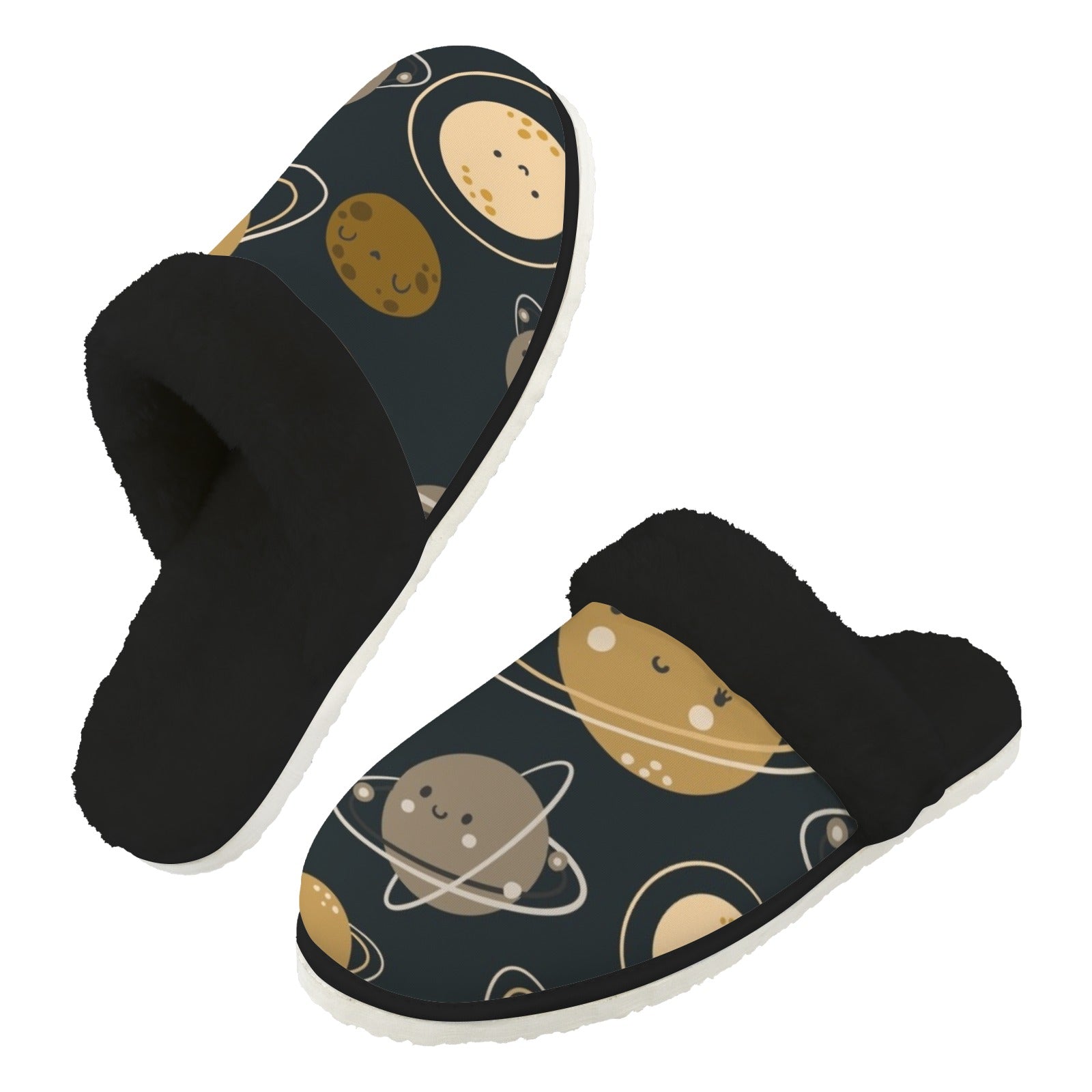 Planets - Men's Fur Trim Thick-Sole Indoor Slippers 2XL Men's Fur Trimmed Slippers Printed Offshore Space