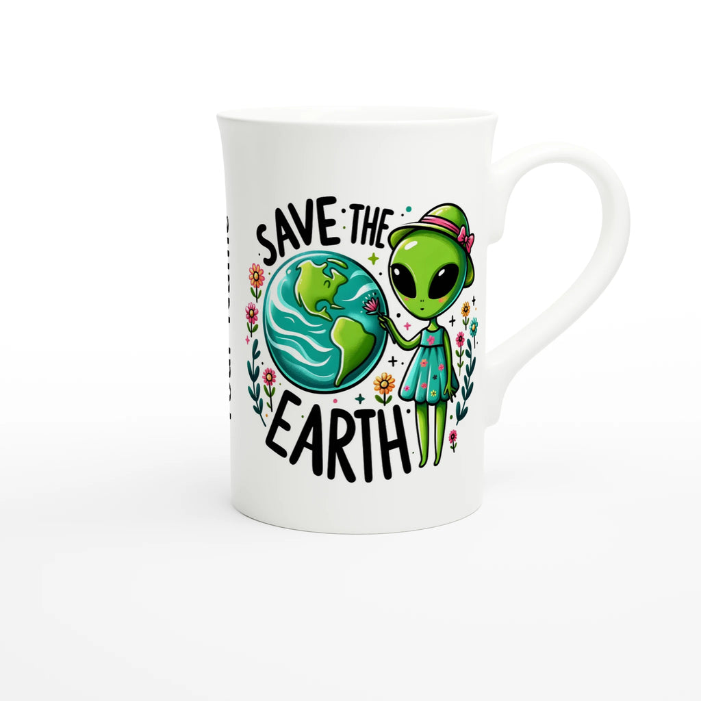 Personalised - Save The Earth, Alien - White 10oz Porcelain Slim Mug Personalised Porcelain Mug customise Environment Globally Fulfilled personalise Sci Fi