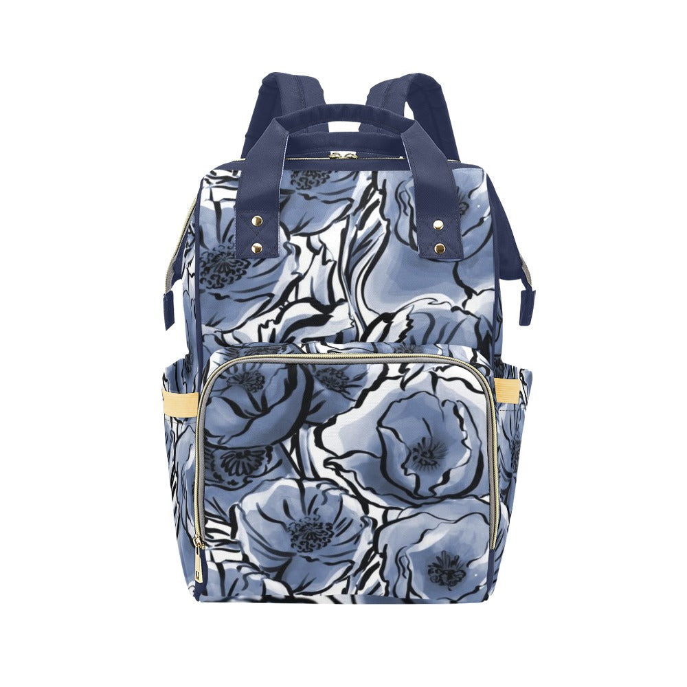 Blue And White Floral - Multi-Function Backpack, Nappy / Diaper Bag