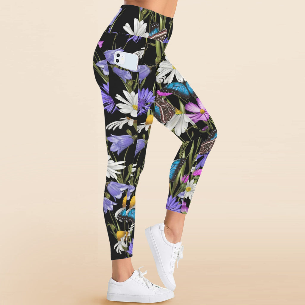 Butterfly Flowers - Women's High Waist Pockets Yoga Leggings