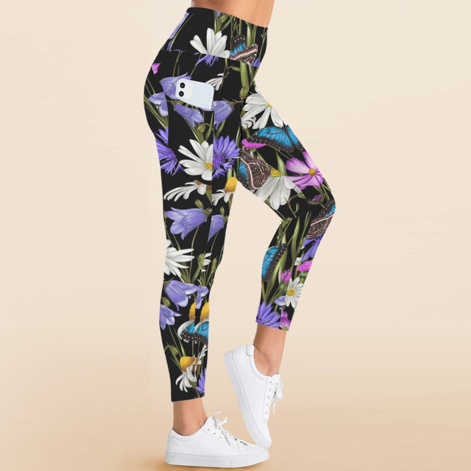Butterfly Flowers - Women's High Waist Pockets Yoga Leggings