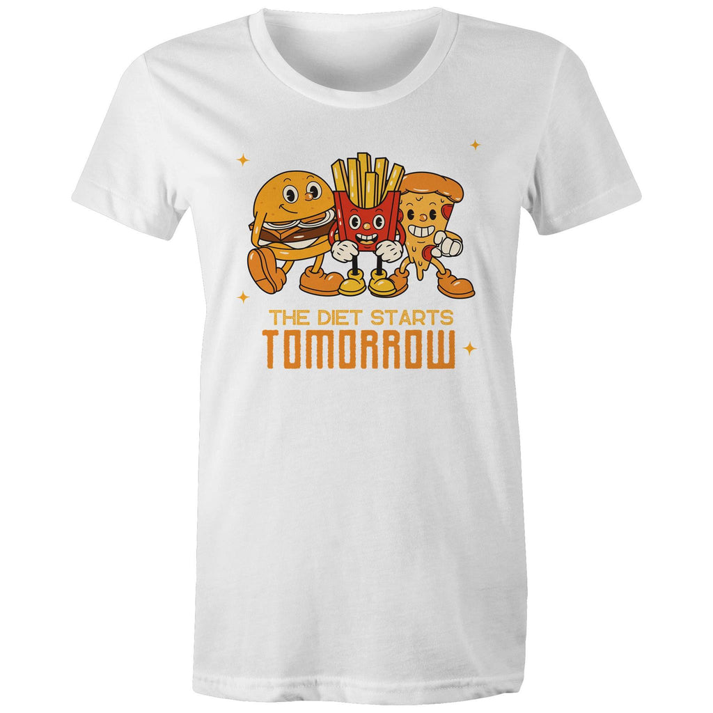 The Diet Starts Tomorrow, Hamburger, Fries, Pizza - Womens T-shirt White Womens T-shirt Food Printed In Australia