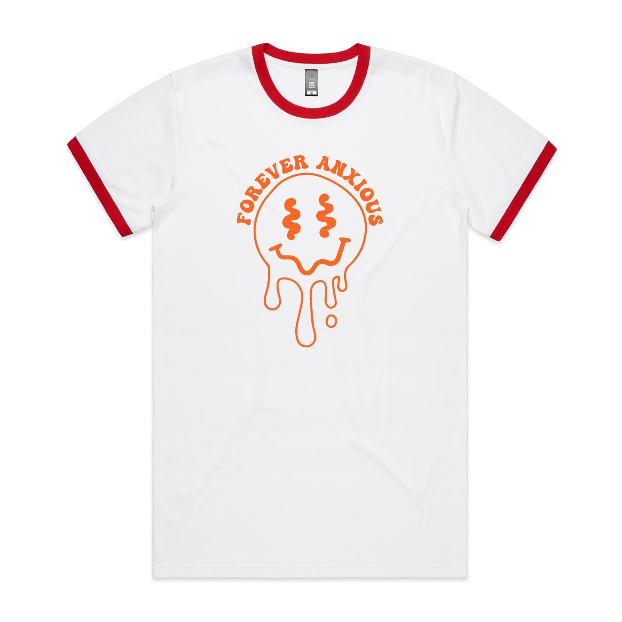 Forever Anxious - Staple Ringer Tee White Red Ringer T-Shirt Printed In Australia