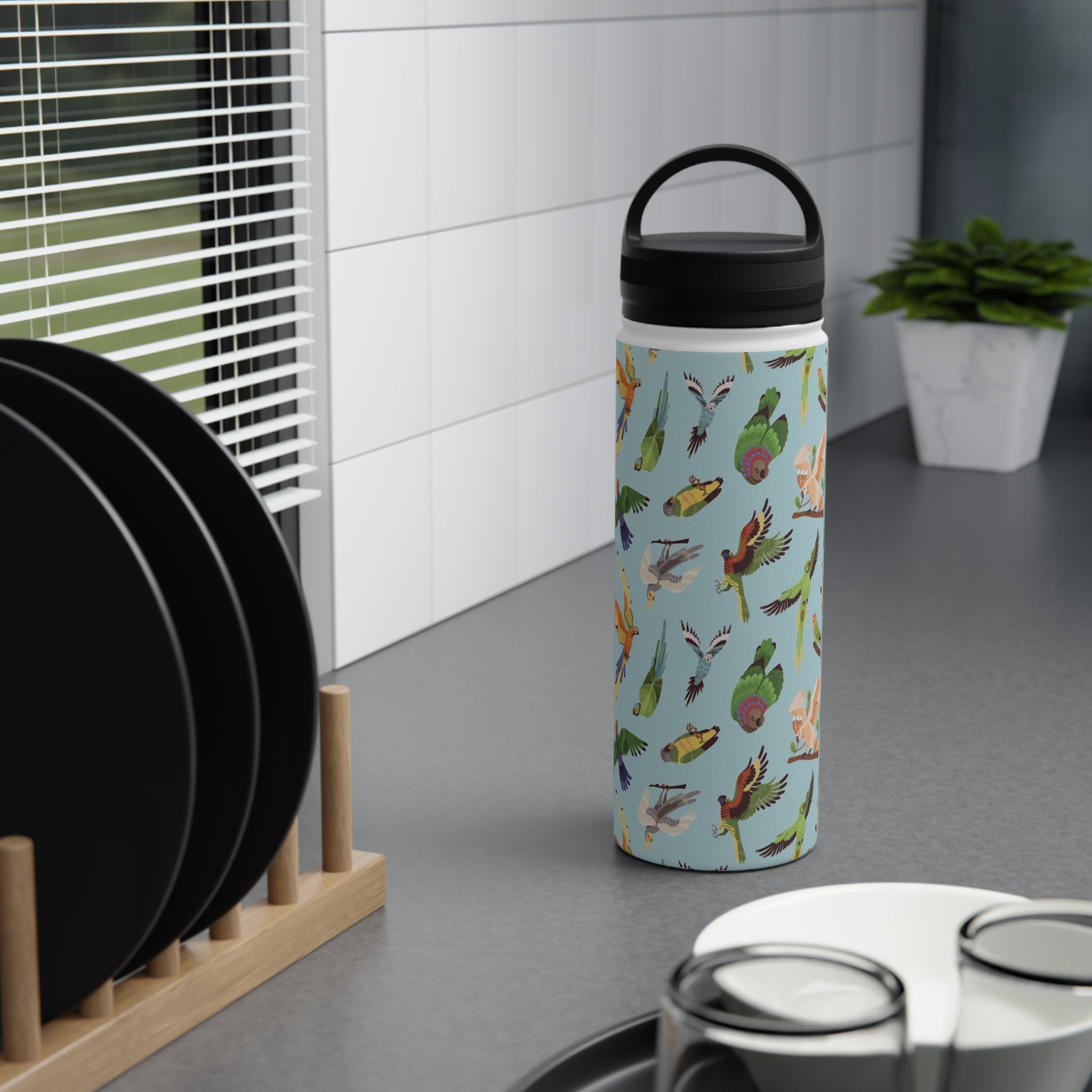 Parrots, Beautiful Colourful Birds Stainless Steel Water Bottle, Handle Lid Stainless Steel Water Bottle With Handle Lid Birds Globally Fulfilled