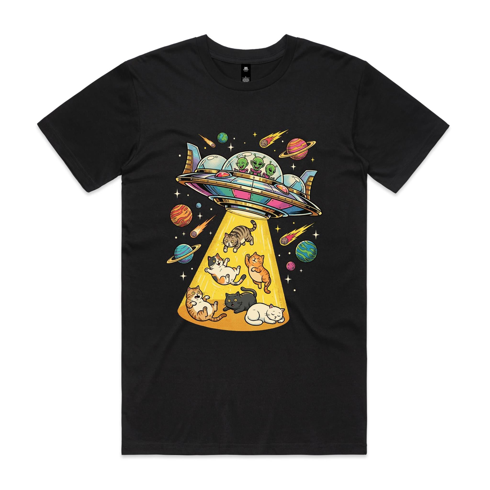 UFO Cat Abduction - Men's AS Colour T-shirt Black Mens T-shirt animal Printed In Australia Sci Fi