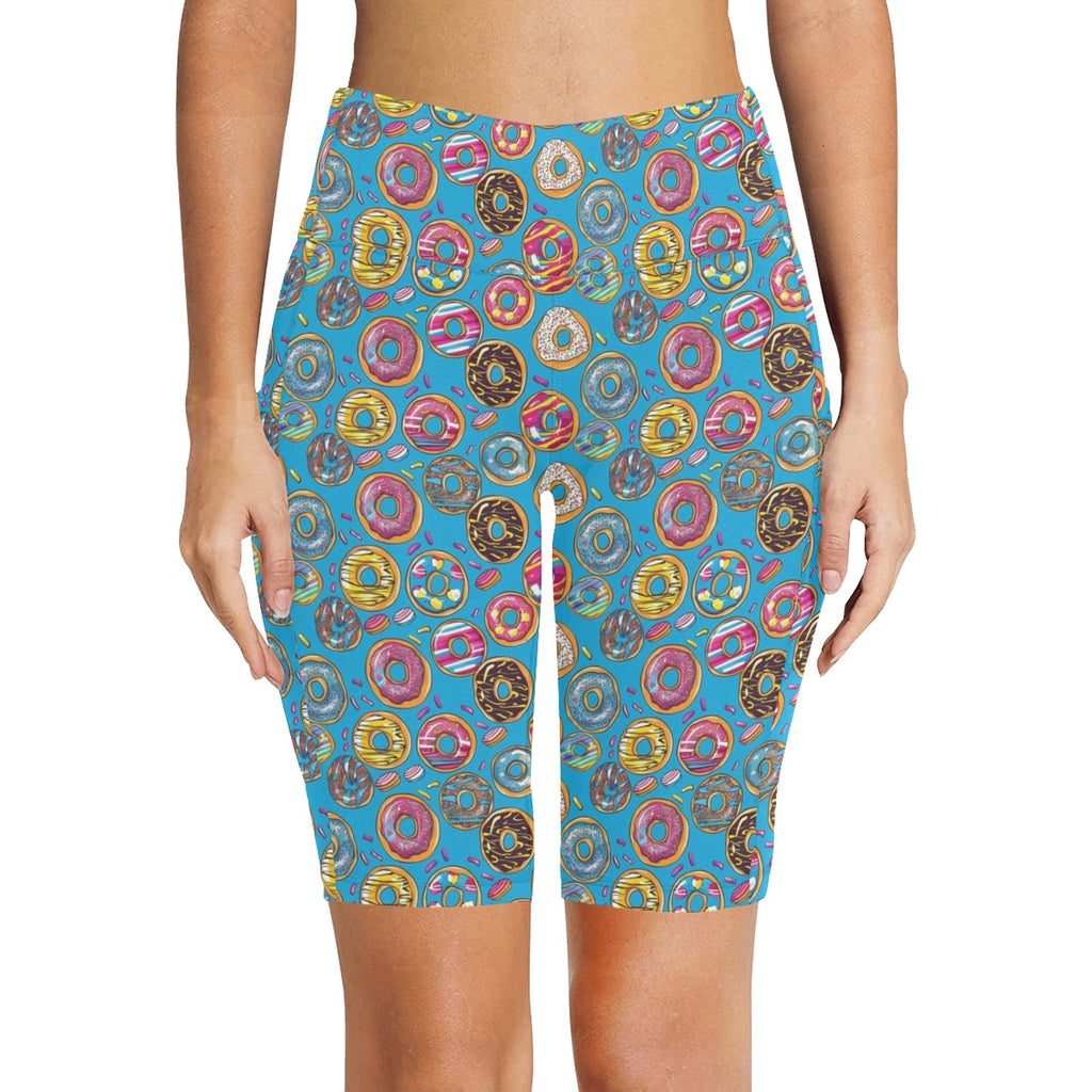 Doughnuts On Blue Women's Bike Shorts With Side Pockets