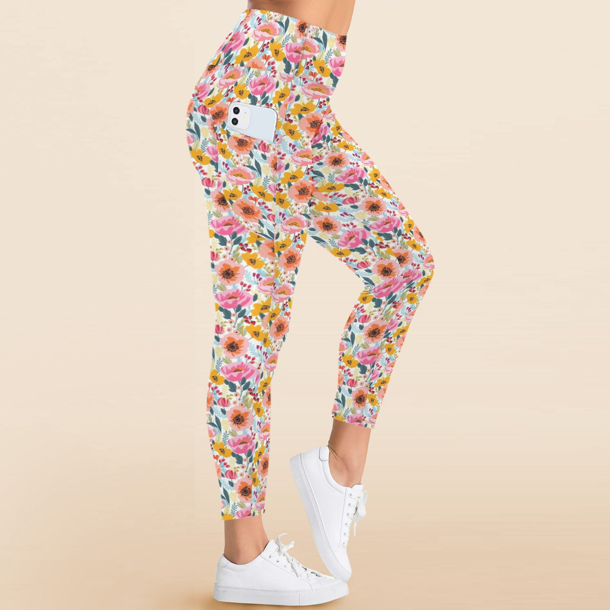 Bright And Colourful Flowers Women's High Waist Pockets Yoga Leggings