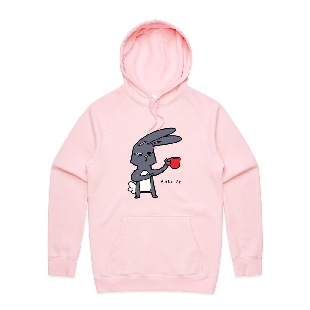 Wake Up, Coffee Rabbit - Mens Hoodie Pink Mens Hoodie animal Coffee Printed In Australia