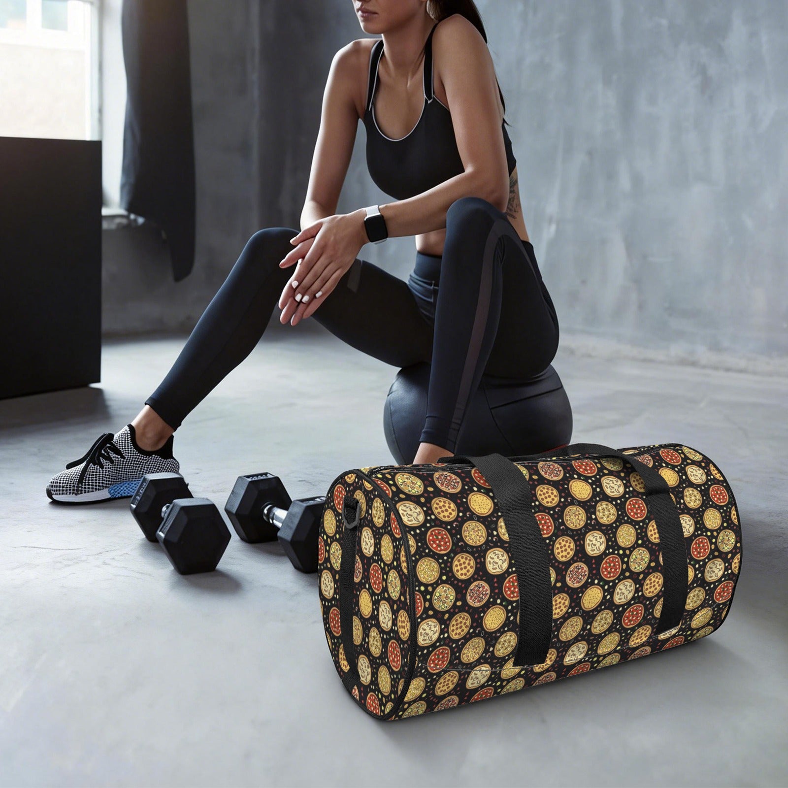 Round Pizzas On Black Duffle Bag Duffle Bag Printed Offshore