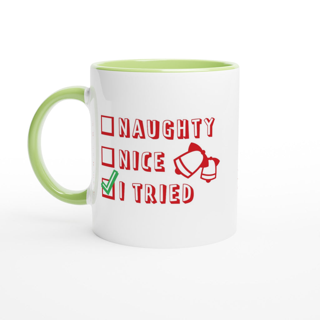 Santa's Christmas List, Naughty, Nice, I Tried - White 11oz Ceramic Mug with Color Inside Ceramic Green Christmas Colour Mug Christmas Globally Fulfilled