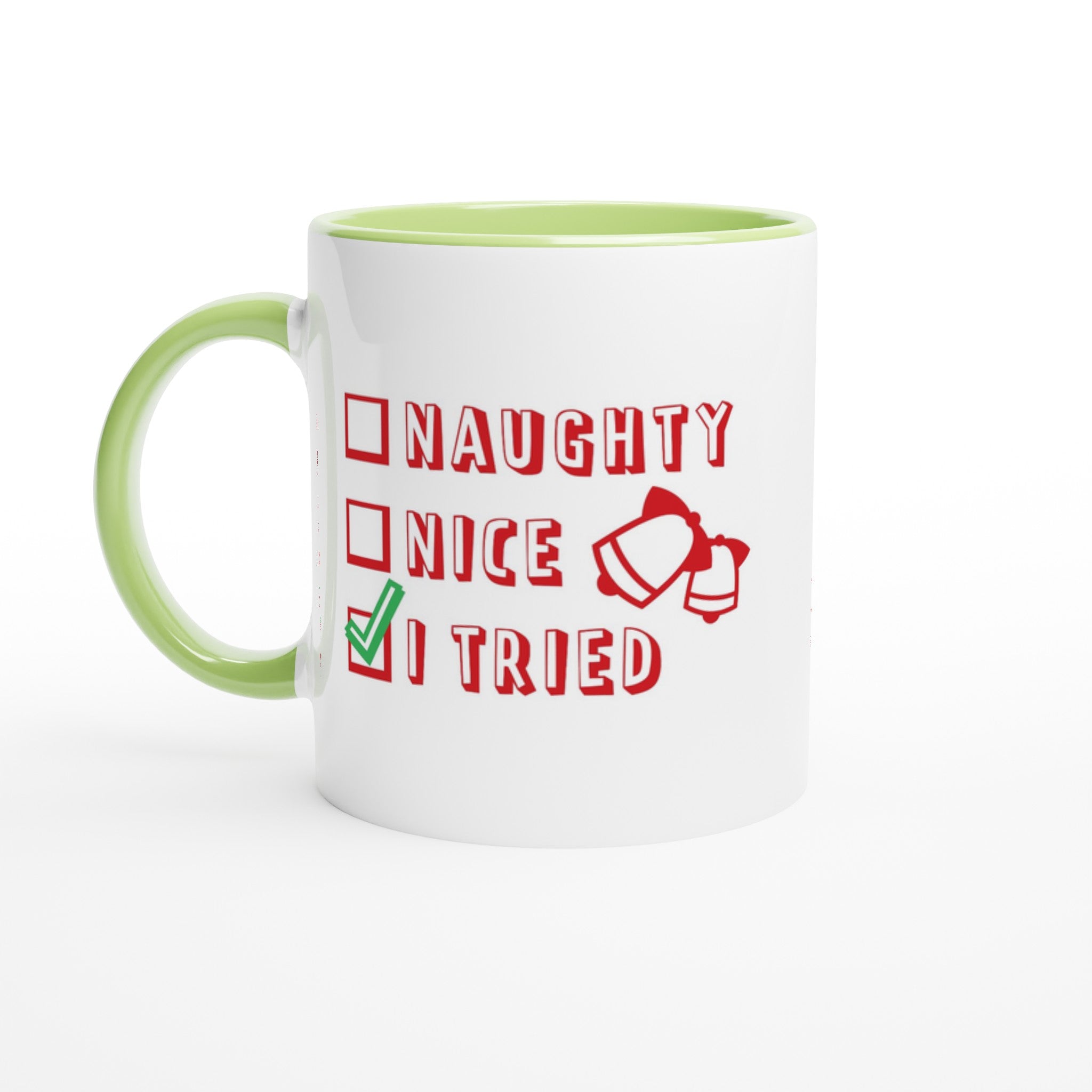 Santa's Christmas List, Naughty, Nice, I Tried - White 11oz Ceramic Mug with Color Inside Ceramic Green Christmas Colour Mug Christmas Globally Fulfilled