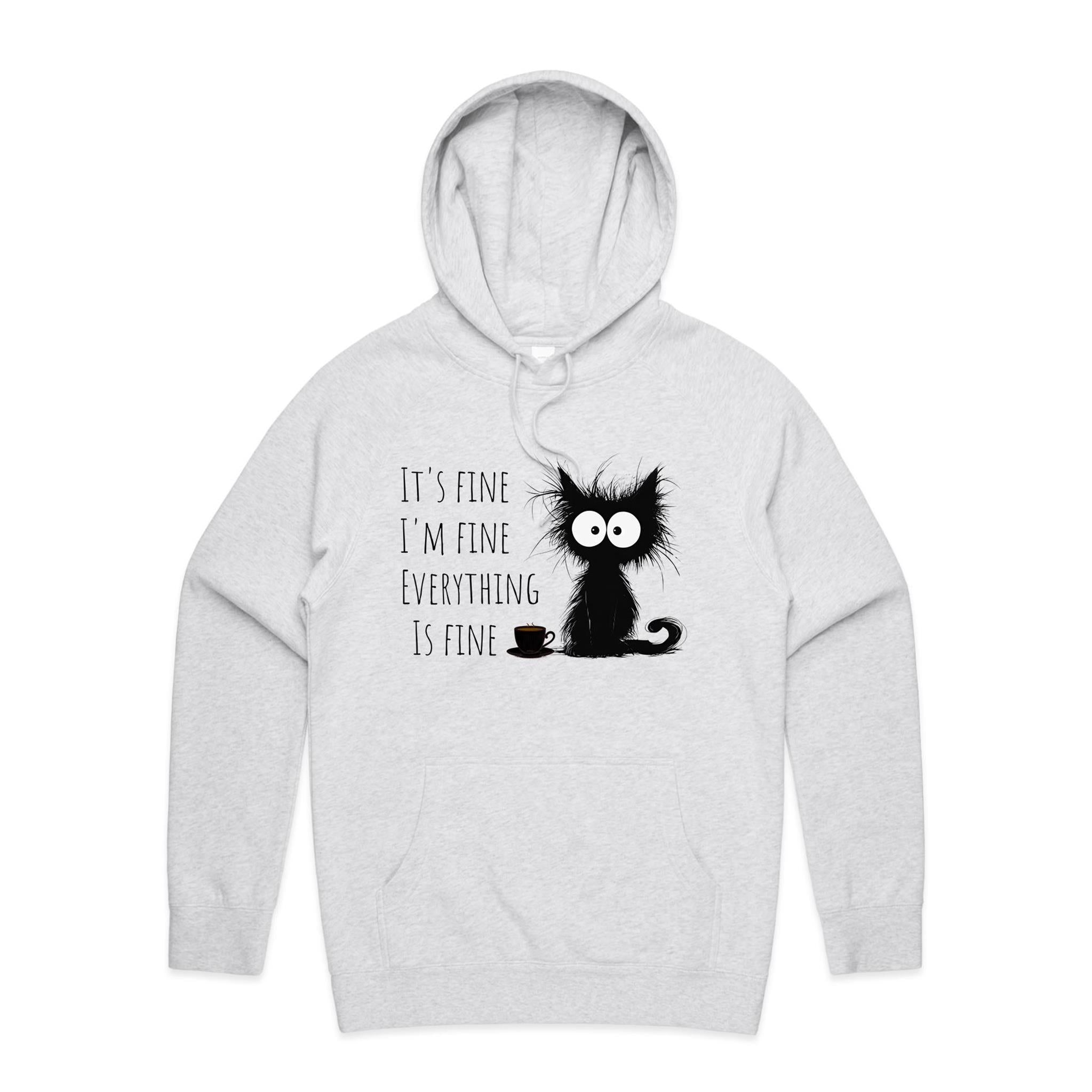Frazzled Cat, It's Fine, I'm Fine, Everything Is Fine - Mens Hoodie White Marle Mens Hoodie animal Printed In Australia