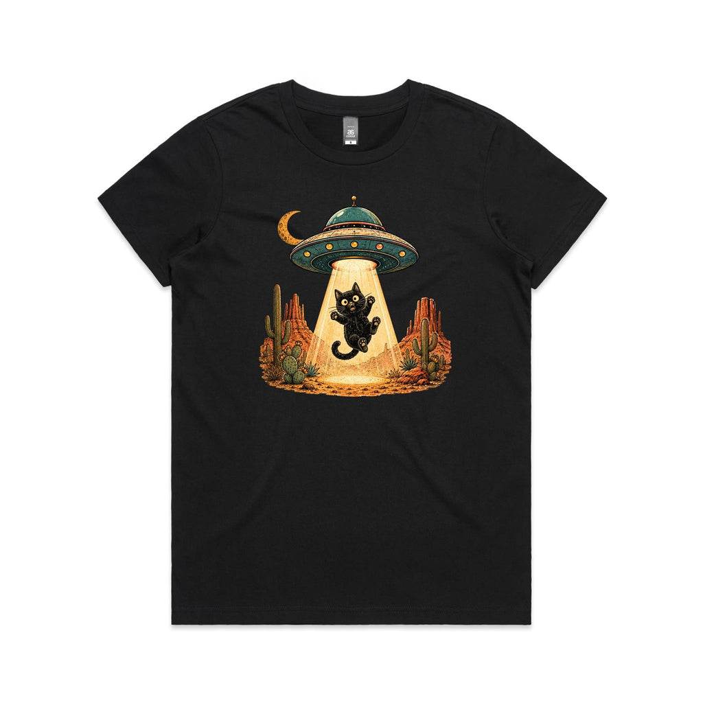 Black Cat Alien UFO Abduction Women's AS Colour T-shirt Black Womens T-shirt animal Printed In Australia Sci Fi