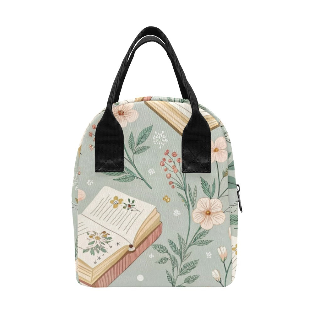 Books And Flowers In Green - Zipper Lunch Bag Zipper Lunch Bag Printed Offshore
