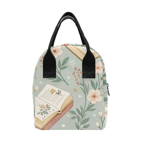 Books And Flowers In Green - Zipper Lunch Bag Zipper Lunch Bag Printed Offshore