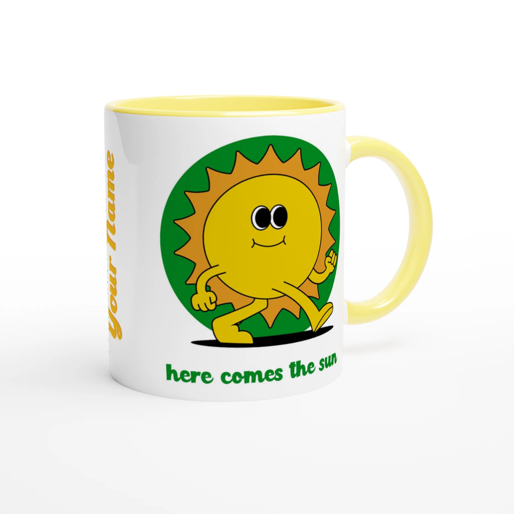 Personalised - Here Comes The Sun - White 11oz Ceramic Mug with Colour Inside Personalised 11oz Mug customise Globally Fulfilled personalise Retro Summer