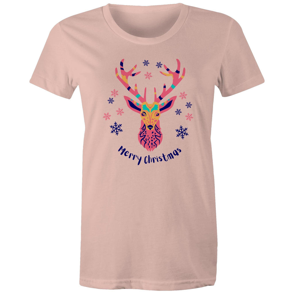 Merry Christmas Deer - Womens T-shirt Pale Pink Womens Christmas T-shirt Christmas Printed In Australia