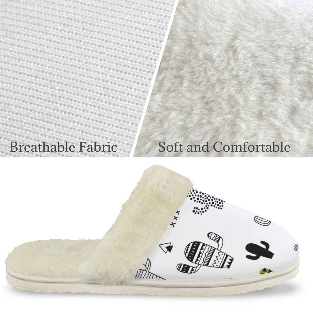Cactus In Black And White Men's Fur Trim Thick-Sole Indoor Slippers Men's Fur Trimmed Slippers Plants Printed Offshore