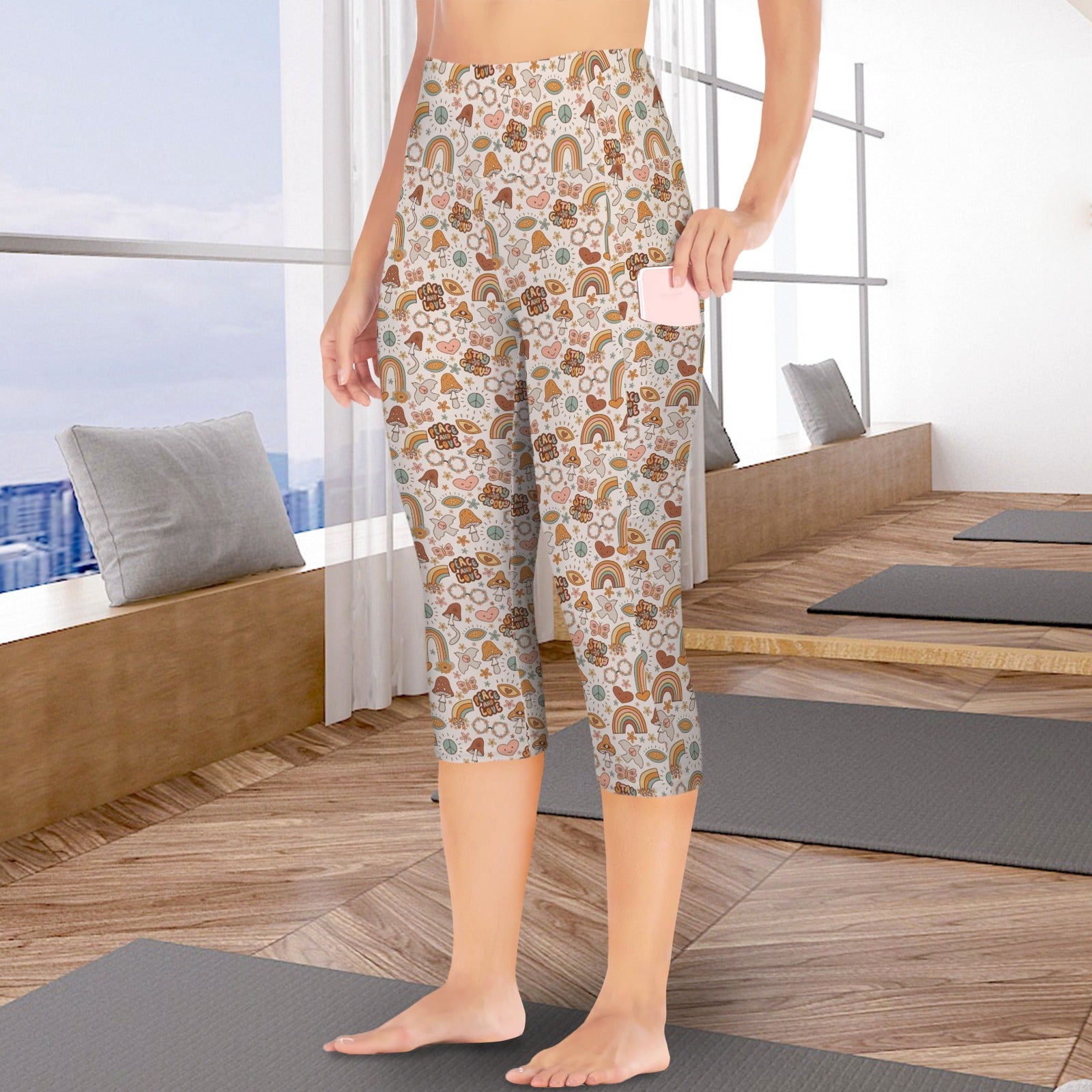 Peace And Love - Women's High Waist Pocket Capri Yoga Leggings