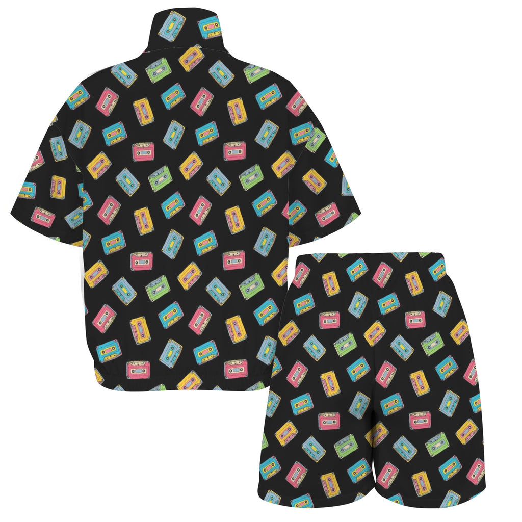Colourful Cassettes Women's Windbreaker Short Set Women's Windbreaker Short Set Music Printed Offshore Retro