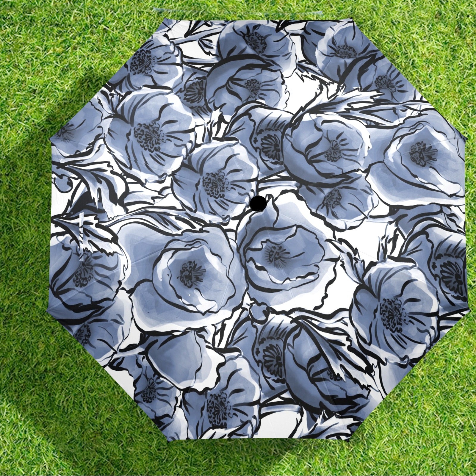 Blue And White Floral - Semi-Automatic Foldable Umbrella (Model U12) Semi-Automatic Foldable Umbrella (U12)