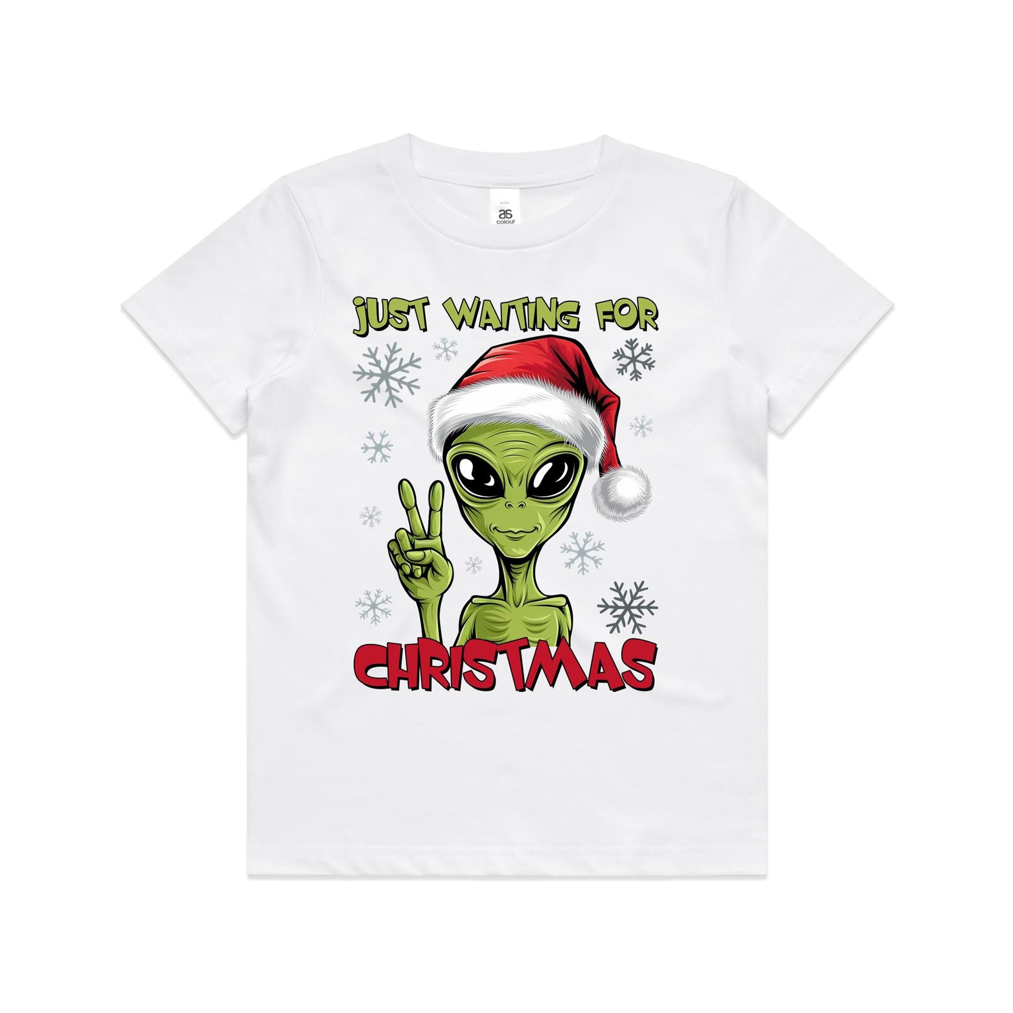 Just Waiting For Christmas, Alien - Kids Youth T-shirt White Kids Christmas T-shirt Christmas Printed In Australia