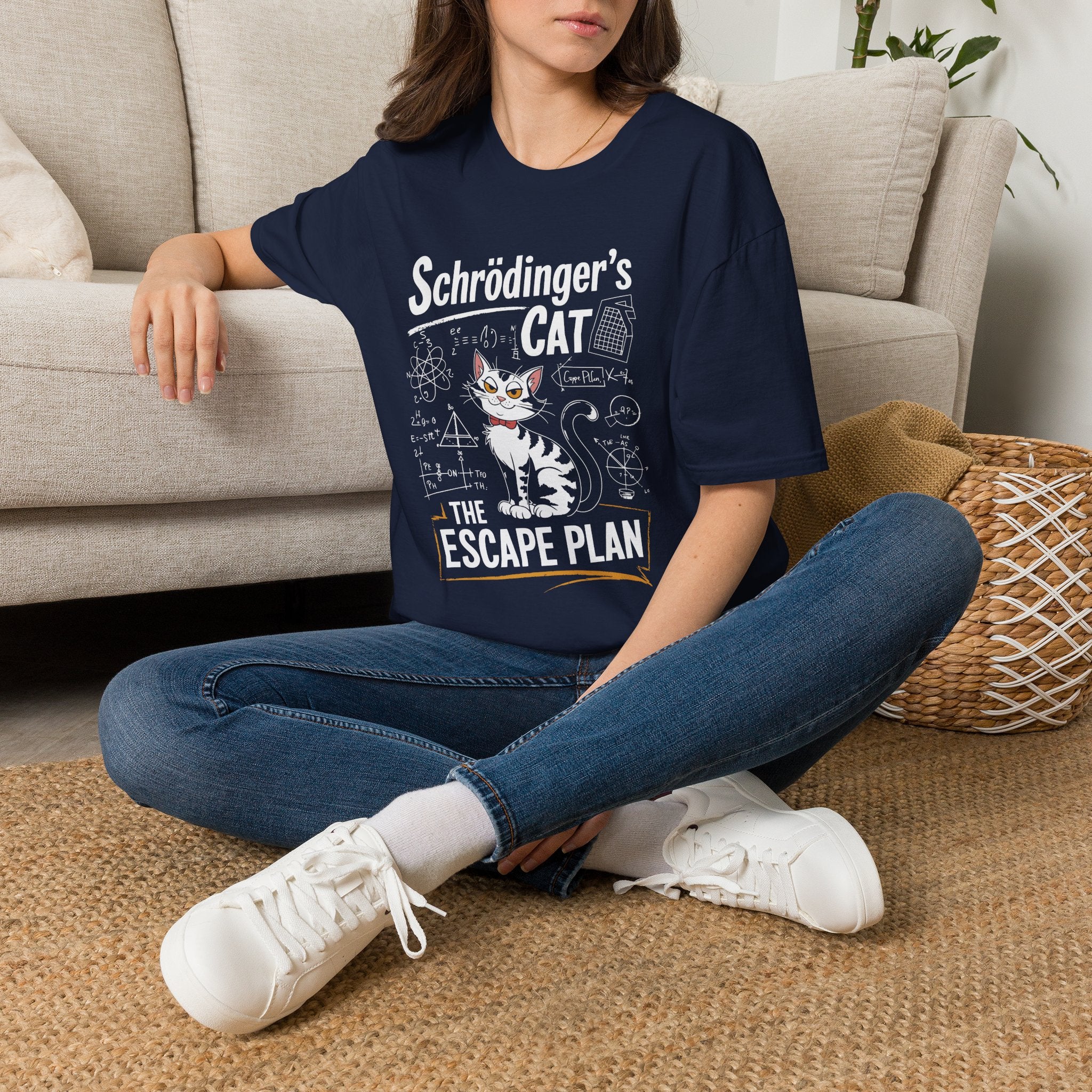 Schrödinger's Cat Escape Plan UnisexT-Shirt Navy Unisex Adult T-shirt animal Globally Fulfilled Science
