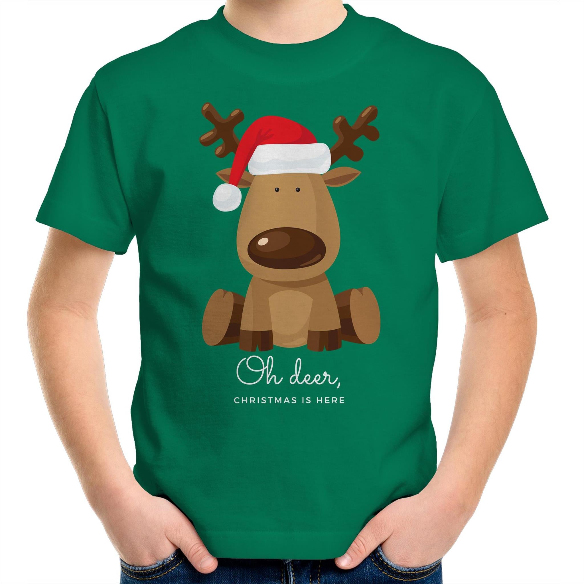 Oh Deer Christmas Is Here, Reindeer - Kids Youth T-Shirt Kelly Green Kids Christmas T-shirt Christmas Printed In Australia