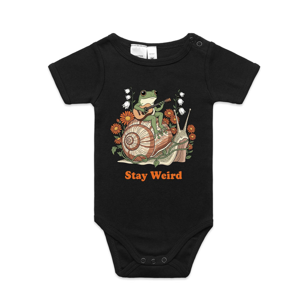 Stay Weird, Guitar Playing Frog On A Snail AS Colour Baby Bodysuit Black Baby Bodysuit animal Music Printed In Australia