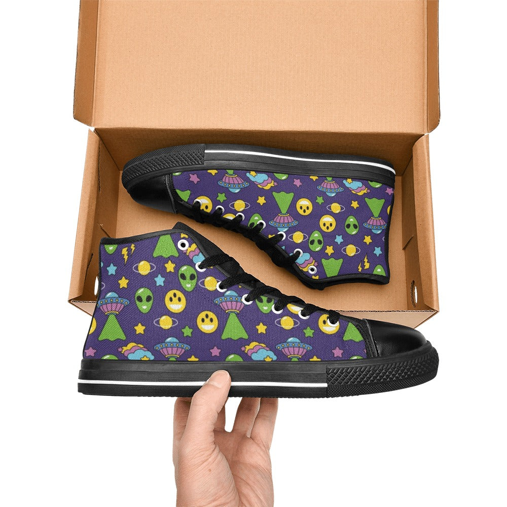 Groovy Alien And UFO Men's High Top Canvas Shoes Men's Classic High Top Canvas Shoes Printed Offshore Retro Sci Fi