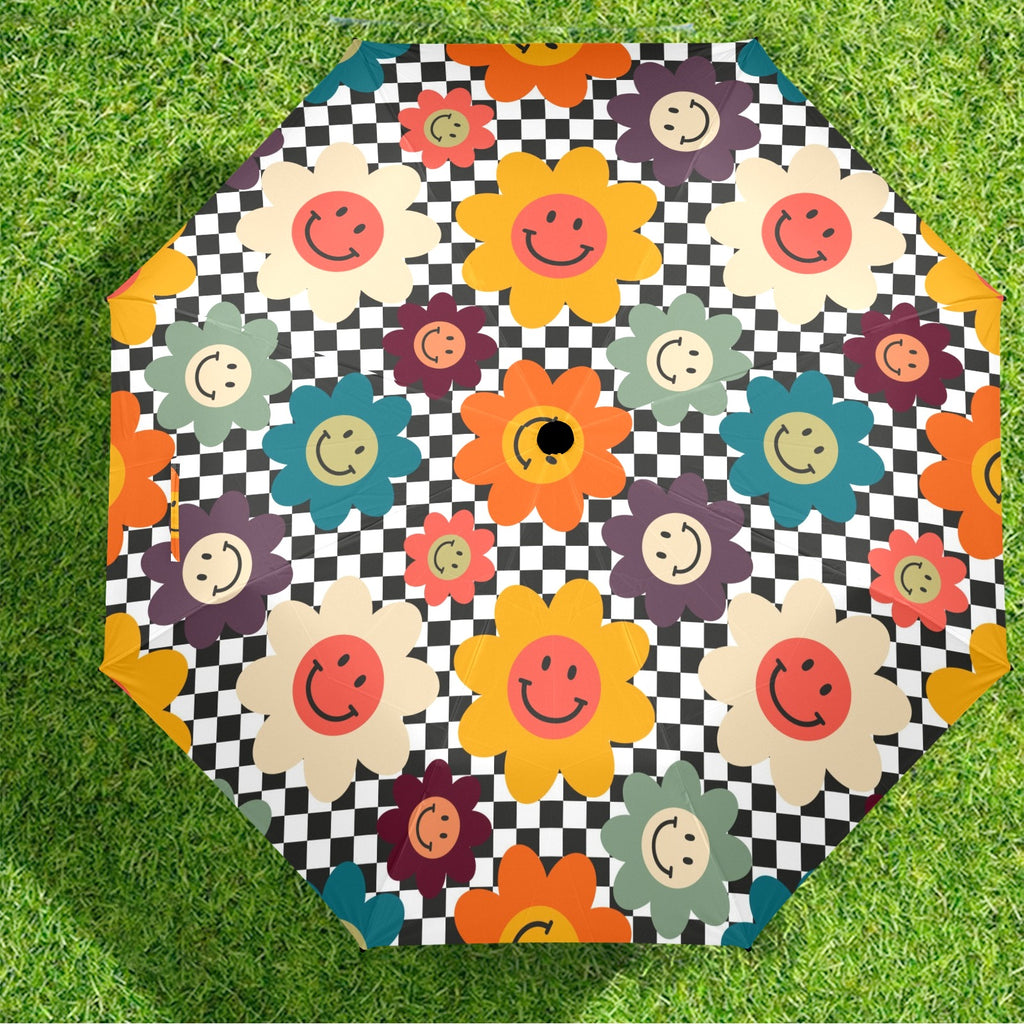 Happy Retro Flowers - Semi-Automatic Foldable Umbrella (Model U12) Semi-Automatic Foldable Umbrella (U12)