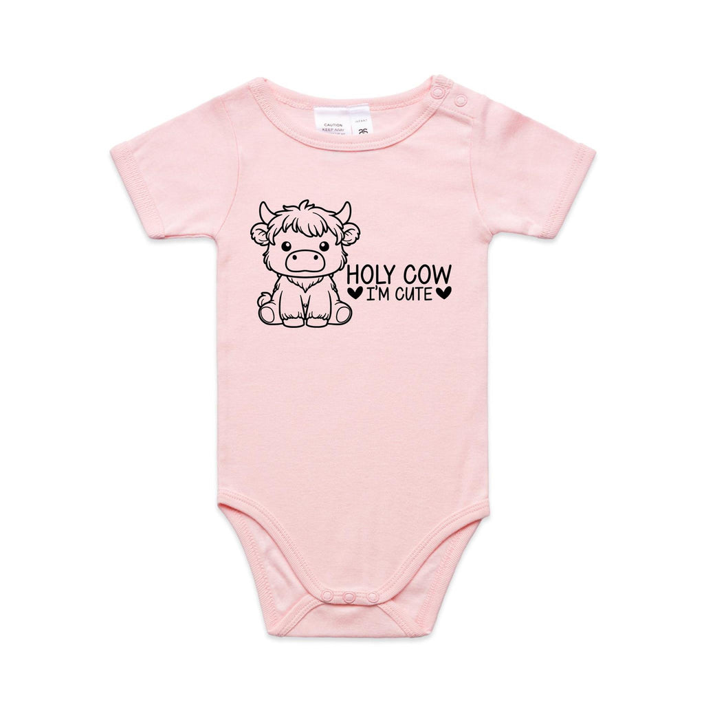 Holy Cow I'm Cute, Highland Cow AS Colour Baby Bodysuit Pink Baby Bodysuit Printed In Australia