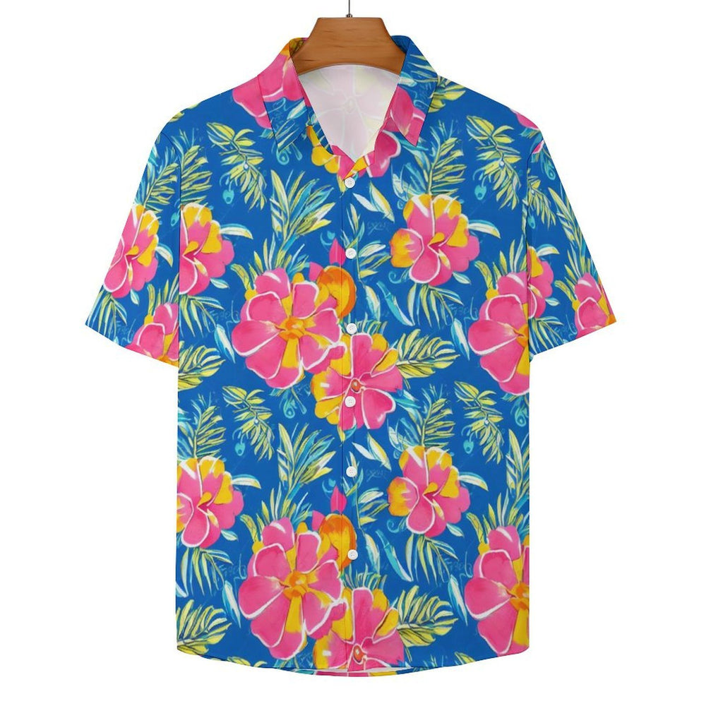 Pink And Blue Tropical Women's Collared Pocketless Short Sleeve Shirt