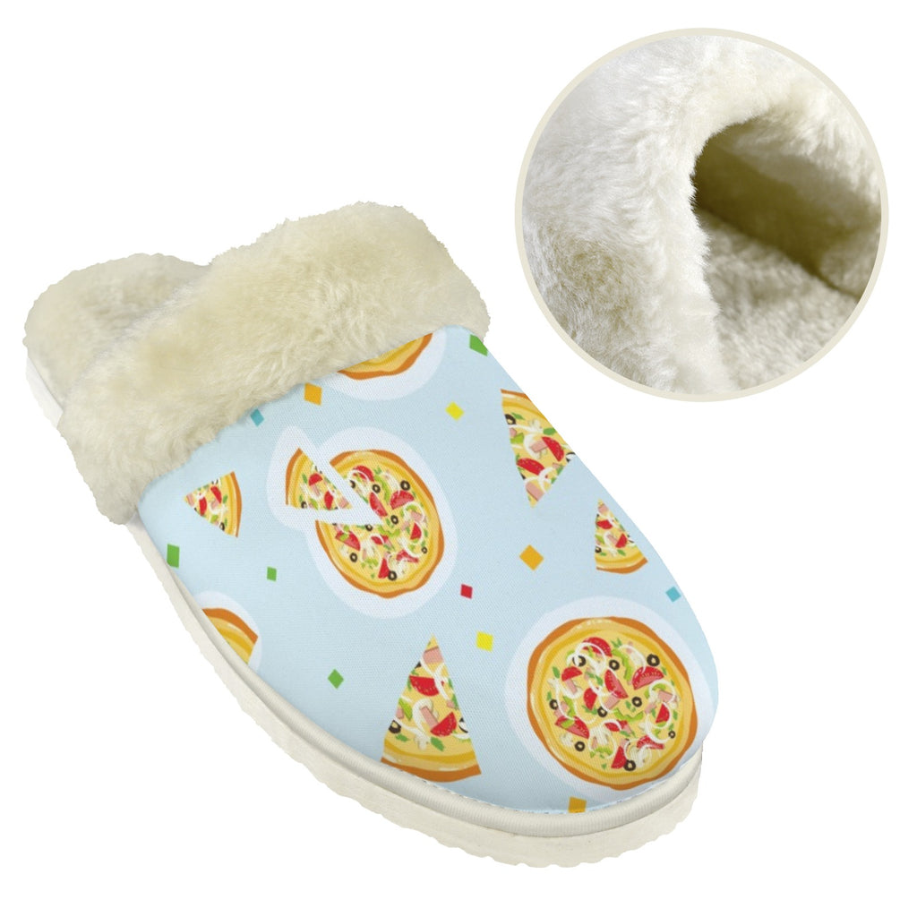 Pizzas On Blue Women's Fur Trim Thick-Sole Indoor Slippers Women's Fur Trimmed Slippers Food Printed Offshore