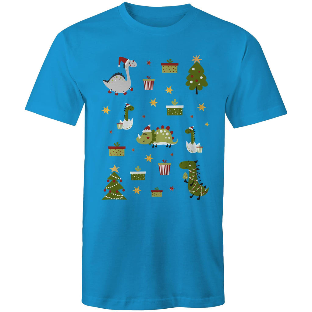 Cute Dinosaur Christmas - Mens T-Shirt Arctic Blue Mens Christmas T-shirt Christmas Printed In Australia