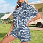 Japanese Waves Women's Windbreaker Short Set Women's Windbreaker Short Set Ocean Printed Offshore