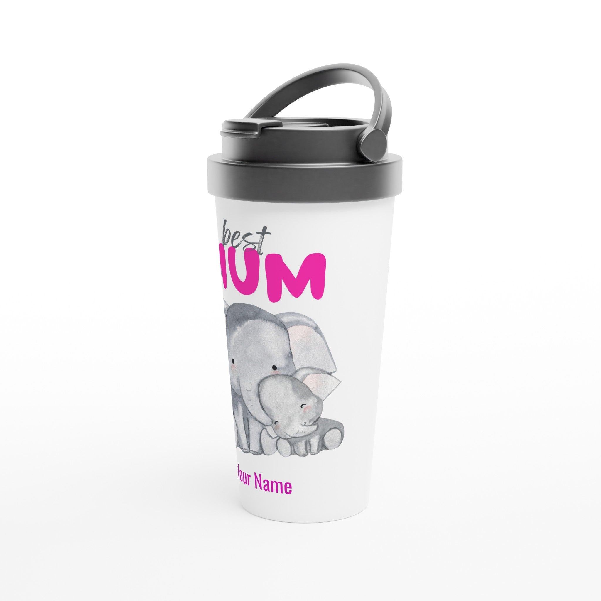 Personalised - Best Mum, Cute Elephants - White 15oz Stainless Steel Travel Mug Personalised Travel Mug animal customise Globally Fulfilled Mum personalise