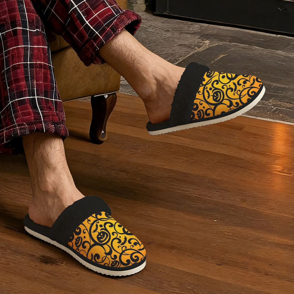 Halloween Men's Fur Trim Thick-Sole Indoor Slippers Men's Fur Trimmed Slippers Halloween Printed Offshore