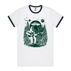 Alien And Bigfoot Playing Guitar - Staple Ringer Tee White Navy Ringer T-Shirt Music Printed In Australia Sci Fi
