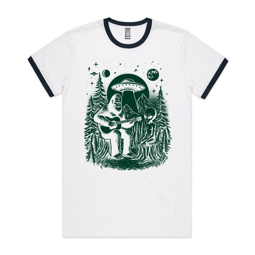 Alien And Bigfoot Playing Guitar - Staple Ringer Tee White Navy Ringer T-Shirt Music Printed In Australia Sci Fi