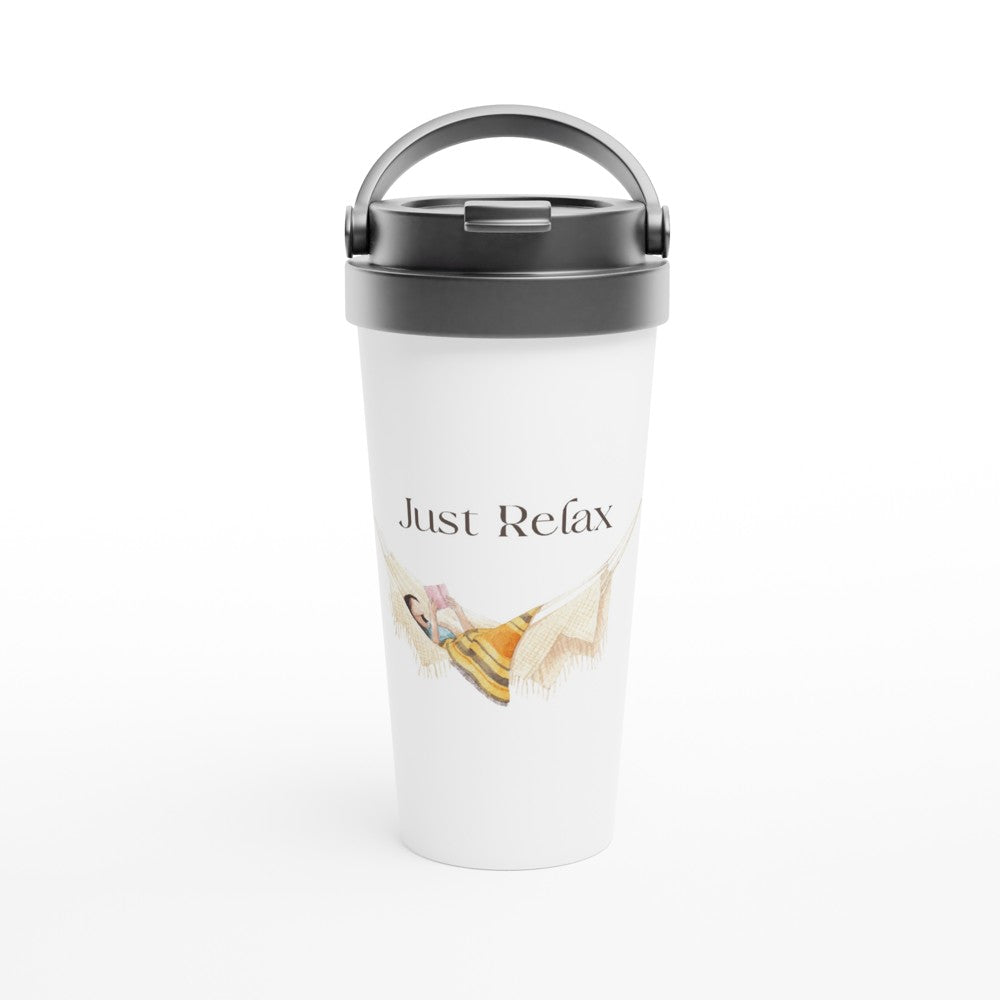 Just Relax - White 15oz Stainless Steel Travel Mug Travel Mug Coffee Globally Fulfilled