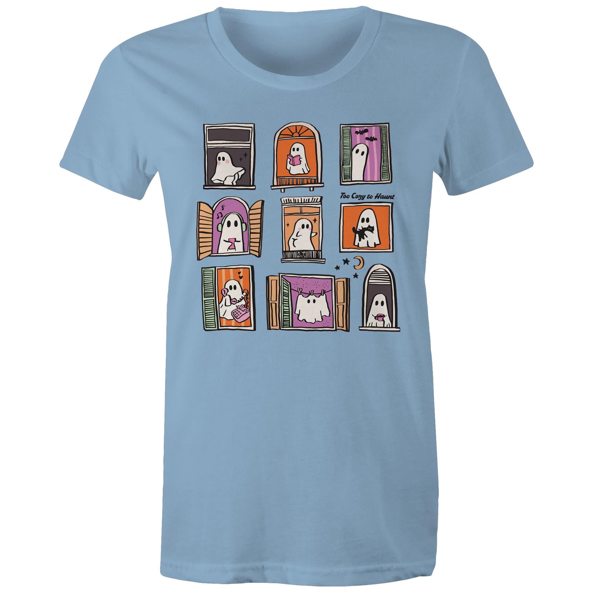 Ghosts In Windows - Womens T-shirt Carolina Blue Womens T-shirt Halloween Printed In Australia